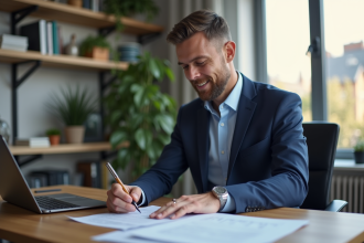 Homme en costume dans un bureau moderne en pleine rédaction