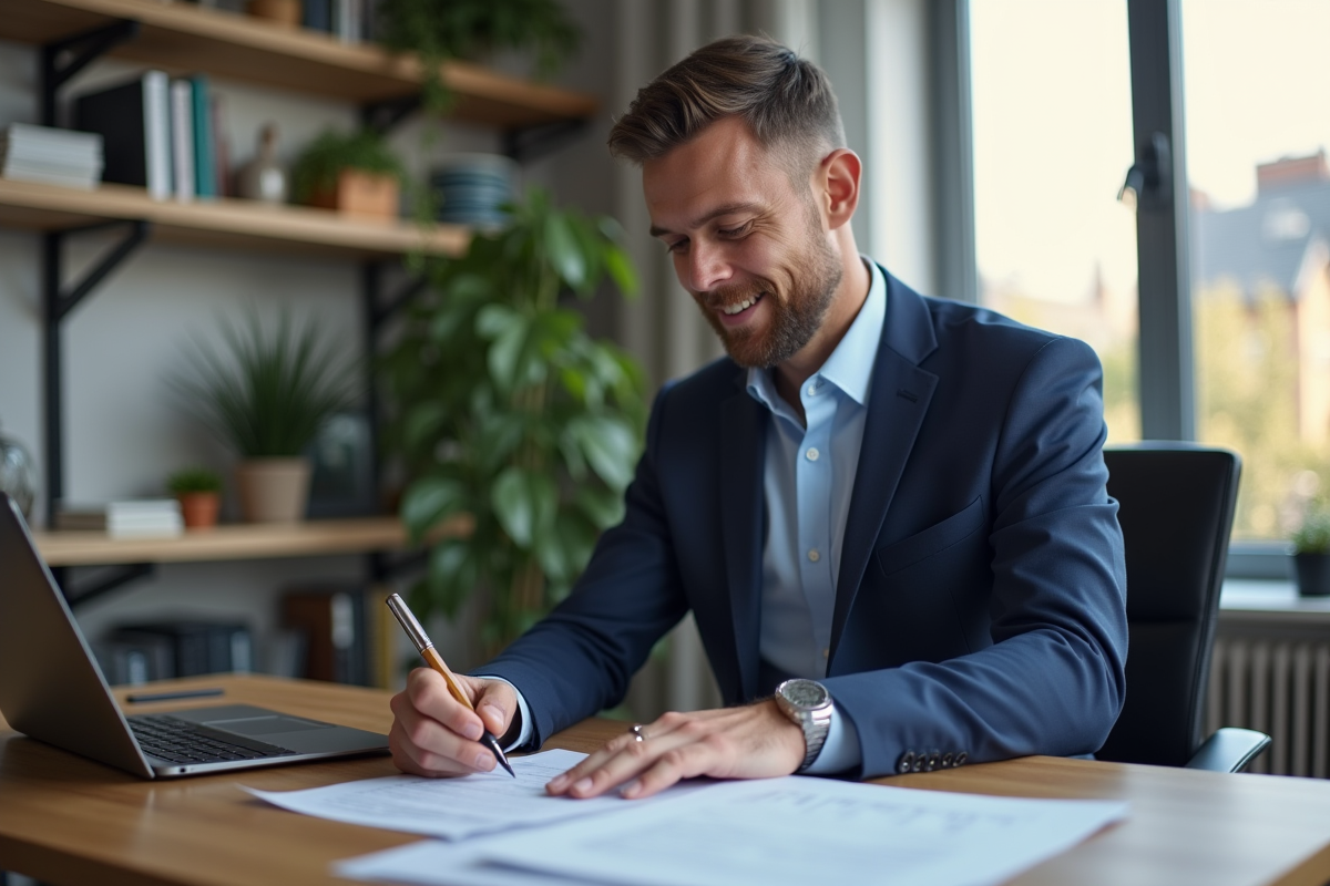 Homme en costume dans un bureau moderne en pleine rédaction