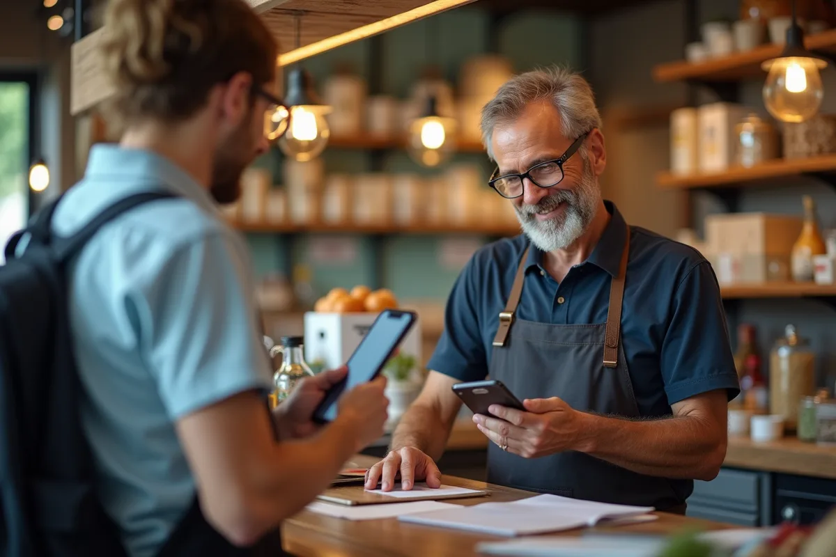 Homme payant avec smartphone dans une boutique locale