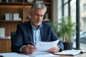 Homme d'âge moyen en costume regardant des documents de retraite