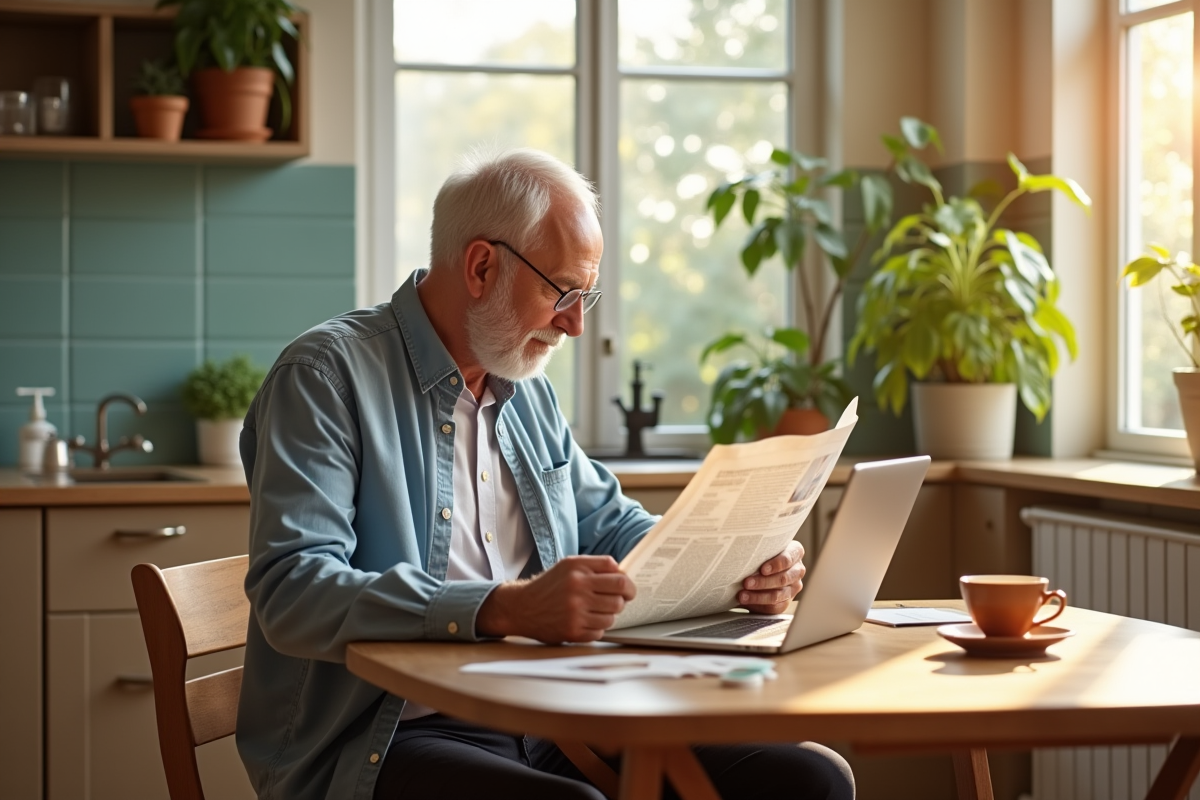 Homme retraité lisant un journal et travaillant sur son ordinateur
