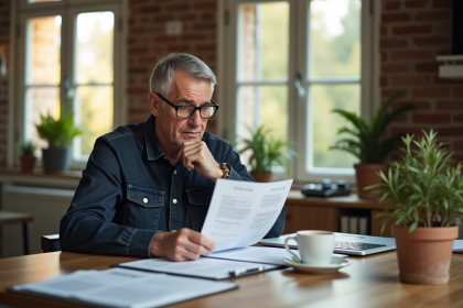 Homme d'âge moyen réfléchissant avec papiers et café