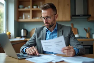 Homme d'âge moyen regardant une facture dans une cuisine moderne