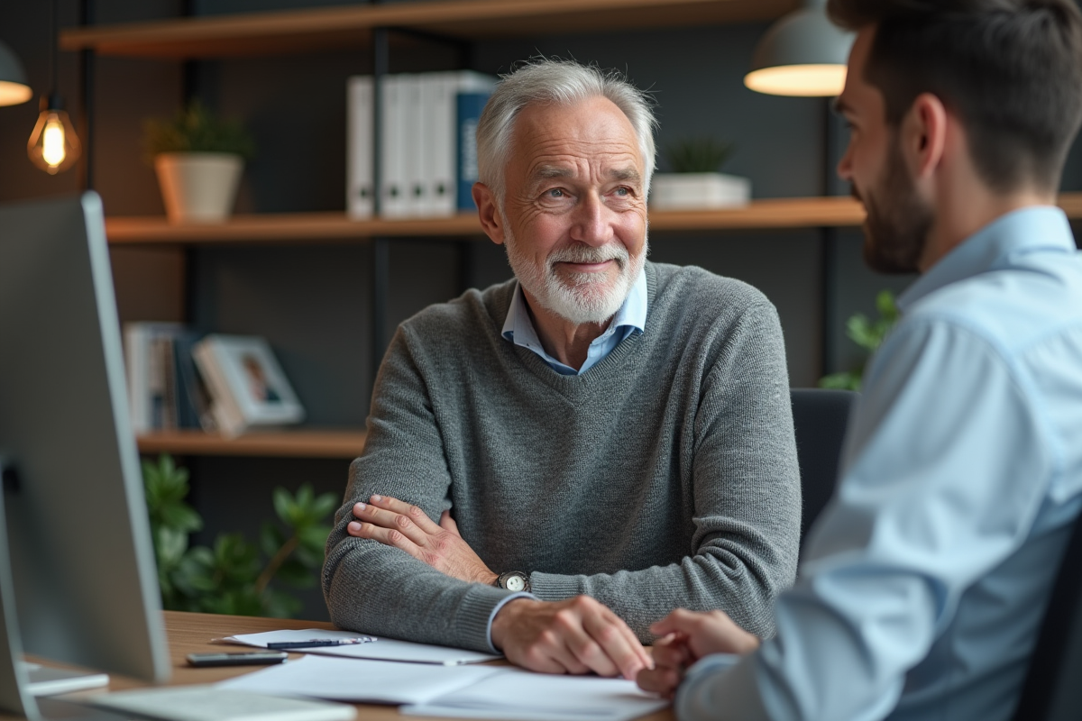 Homme senior en discussion avec un conseiller financier au bureau