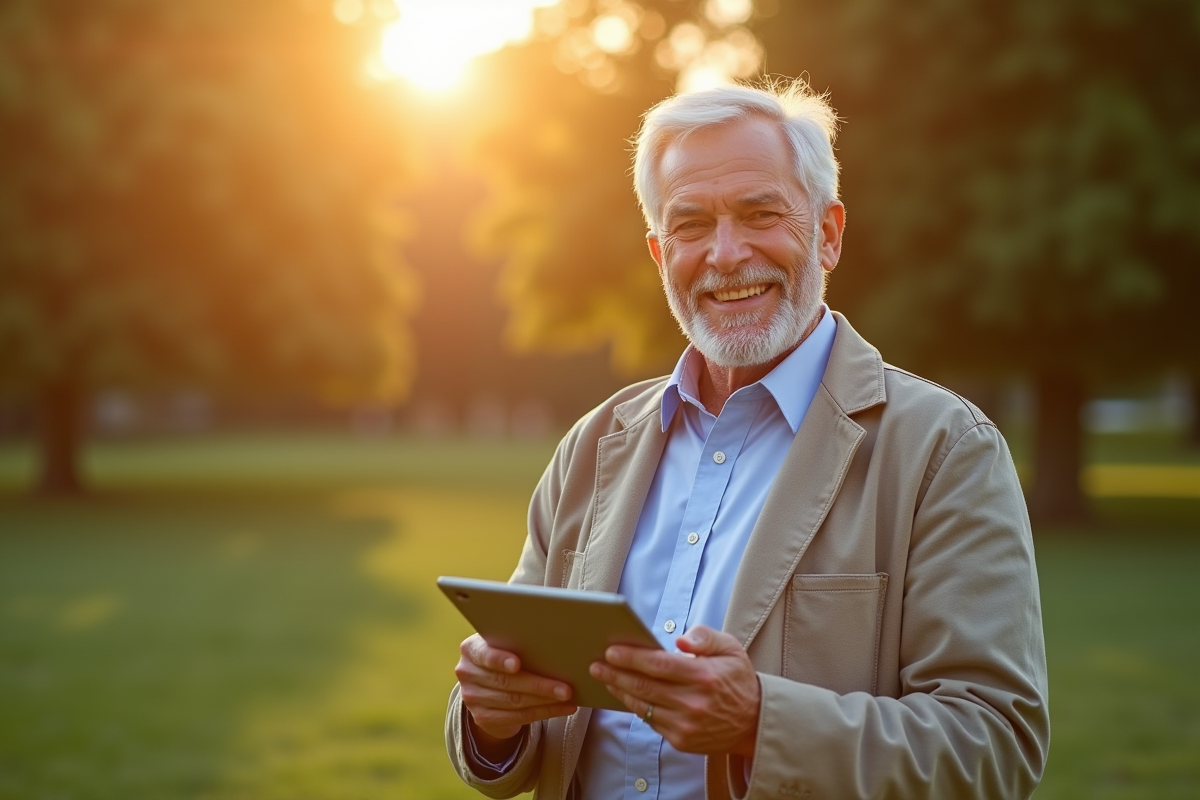 Homme senior confiant dans un parc avec une tablette