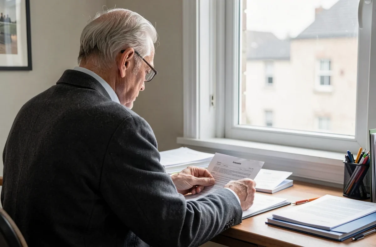 Homme senior triant des papiers administratifs devant une fenêtre