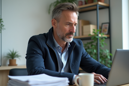 Homme d'âge moyen concentré à son bureau à domicile