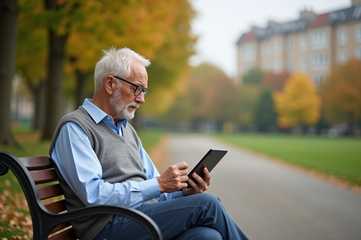 Homme âgé vérifiant ses informations de pension dans un parc