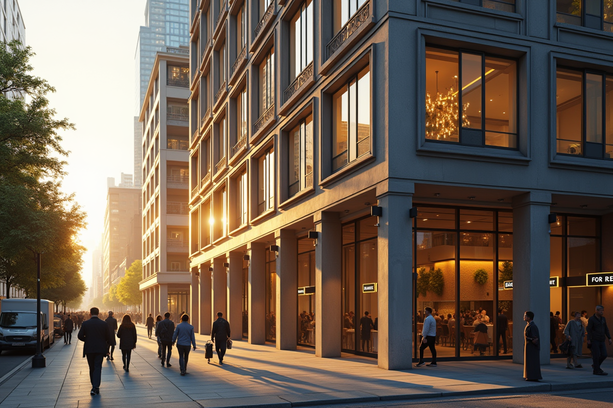 Immeuble moderne en ville avec panneau a louer