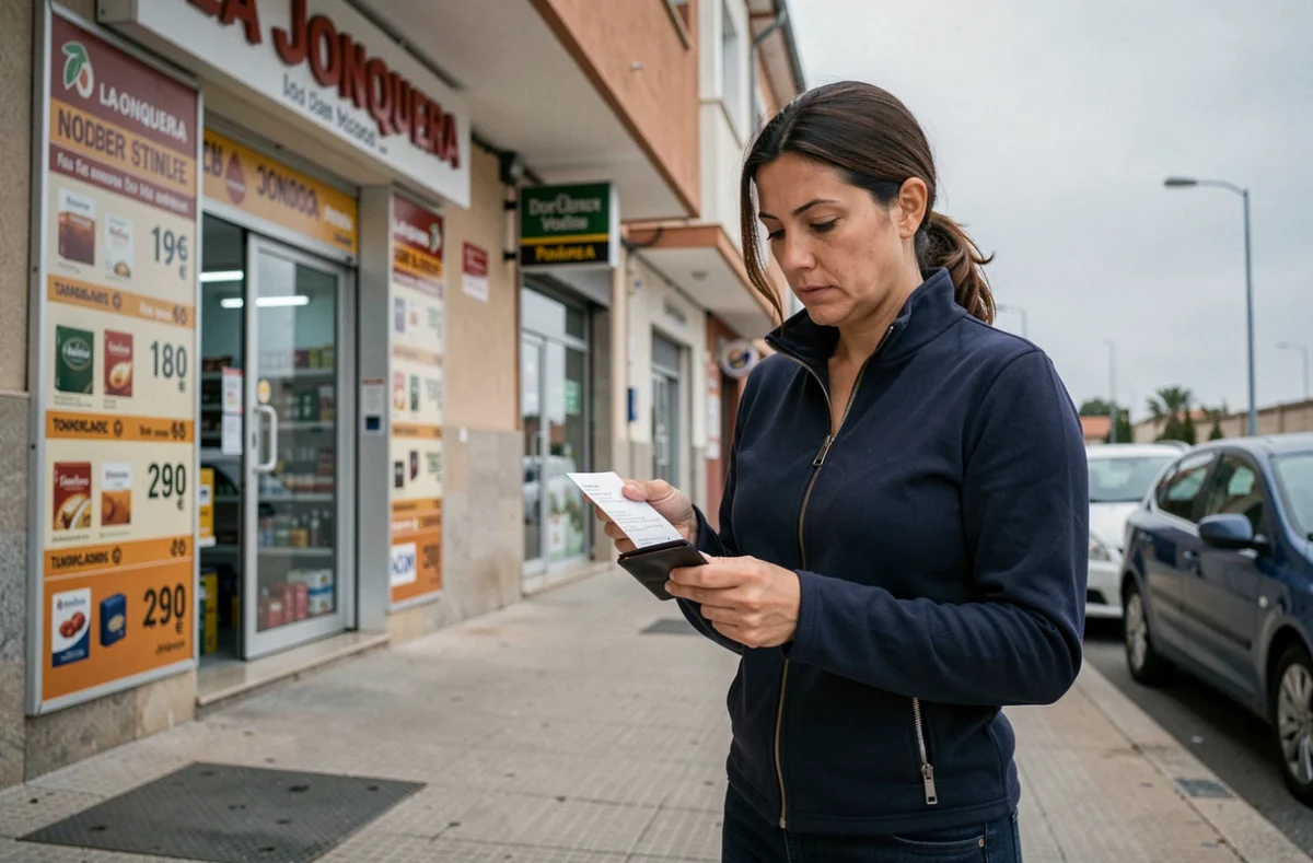 Une femme vérifie sa dépense après l'achat de tabac devant un bureau de tabac à La Jonquera, illustrant l'impact des nouvelles taxes sur le budget des acheteurs transfrontaliers