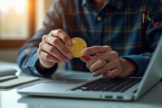 Investisseur tenant un bitcoin en or au-dessus d'un ordinateur portable avec graphiques financiers