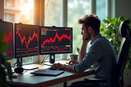 Jeune investisseur inquiet devant écrans de crypto volatile