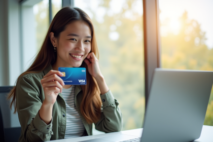 Jeune adulte souriant tenant une carte Visa devant un ordinateur