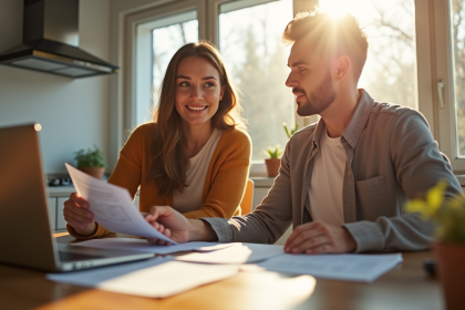 Jeune couple discutant d'argent dans une cuisine lumineuse