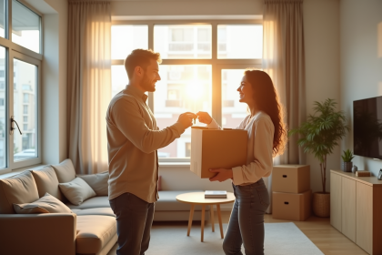 Jeune couple recevant les clés de leur premier appartement moderne