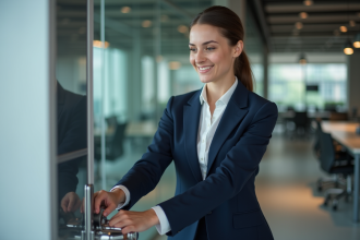 Jeune femme d'affaires maniant un levier dans un bureau moderne