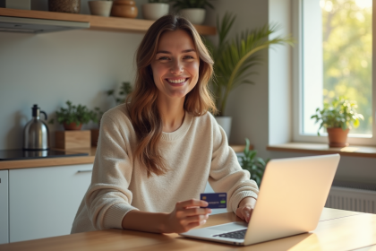 Jeune femme souriante à la cuisine avec ordinateur et carte prépayée