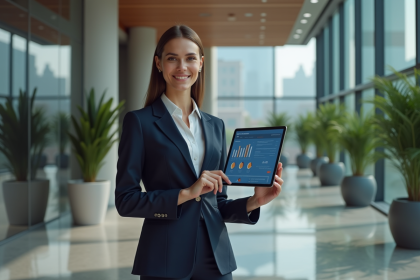 Jeune femme d'affaires confiante avec tablette dans un lobby moderne