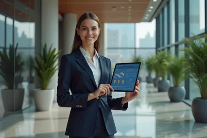 Jeune femme d'affaires confiante avec tablette dans un lobby moderne