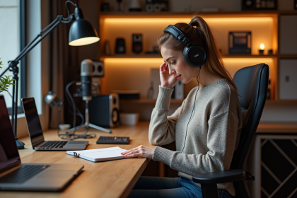 Jeune femme en bureau cosy avec matériel d'enregistrement