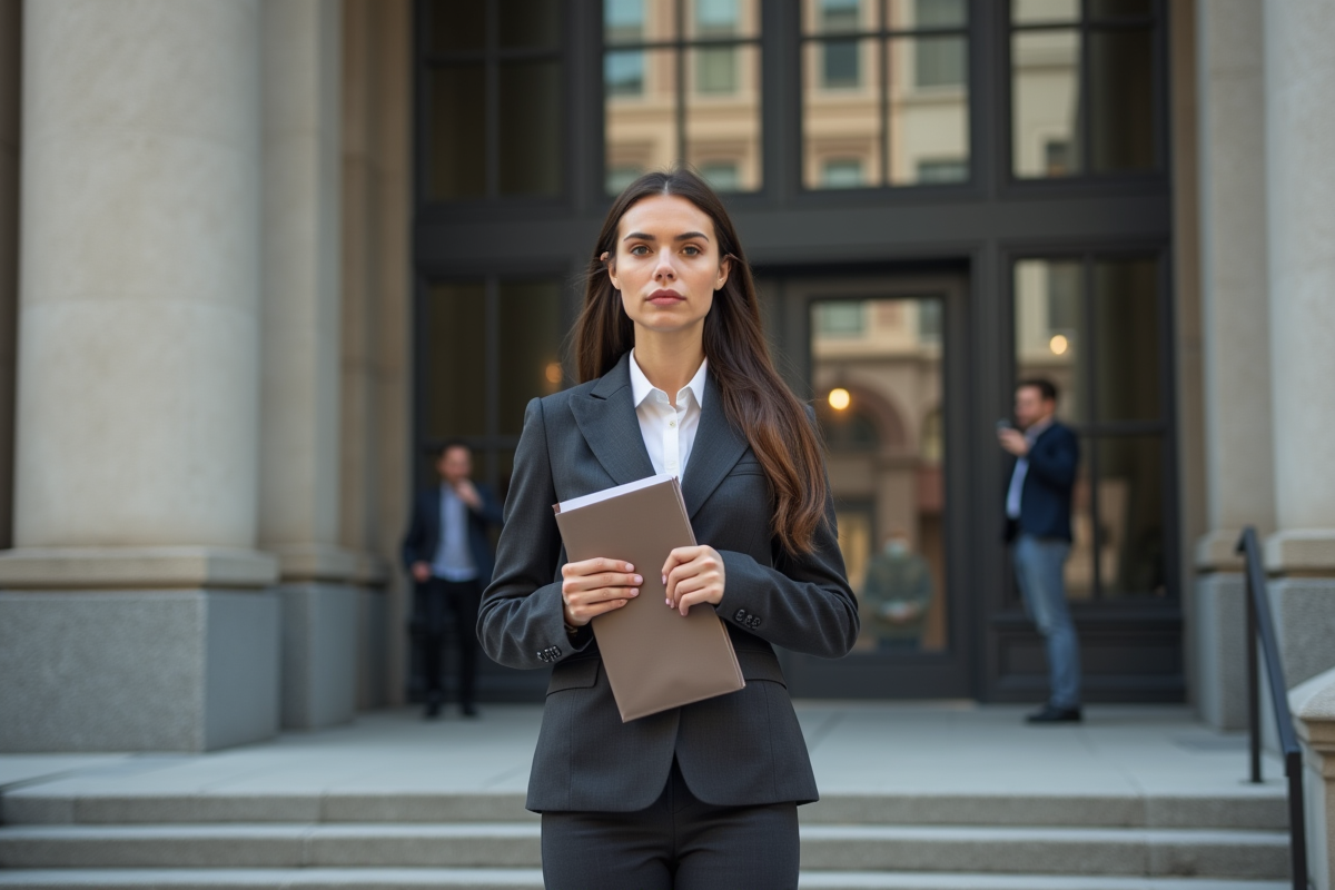 Jeune femme debout devant un tribunal moderne