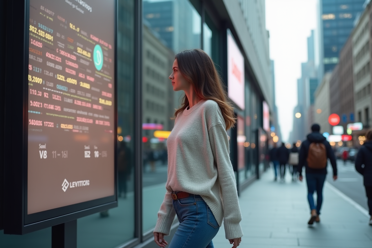 Jeune femme marchant dans la ville regardant un billboard ICO