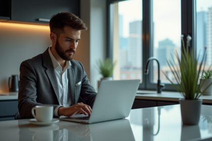 Jeune homme vérifiant le prix du bitcoin sur son ordinateur dans une cuisine moderne