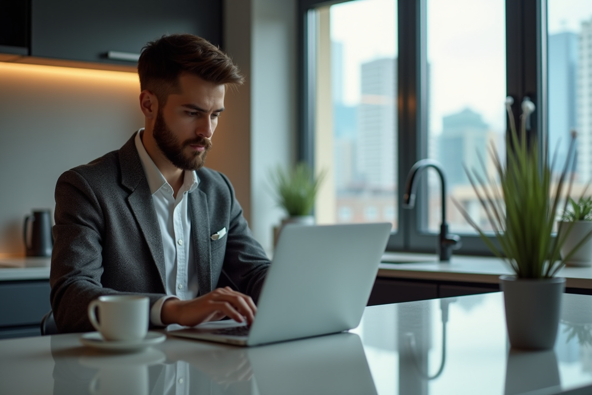 Jeune homme vérifiant le prix du bitcoin sur son ordinateur dans une cuisine moderne