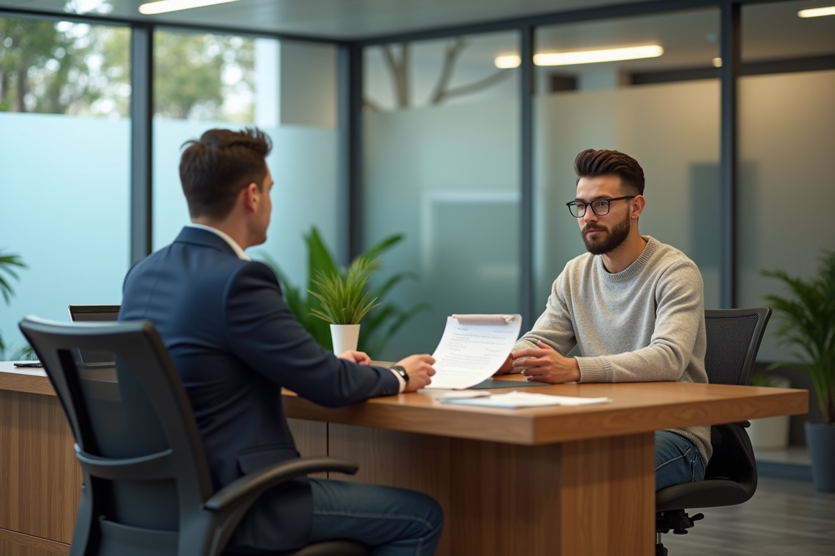 Jeune homme discutant avec un conseiller bancaire dans une agence