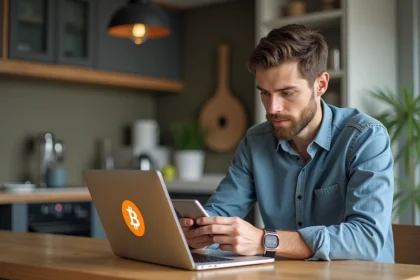 Jeune homme utilisant son smartphone dans une cuisine moderne