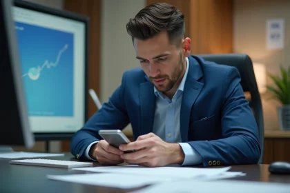Jeune homme en costume bleu vérifiant son smartphone au bureau
