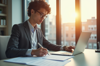 Jeune professionnel remplissant des formulaires d'emploi sur un ordinateur