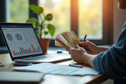 Jeune professionnel analysant des graphiques financiers avec des euros