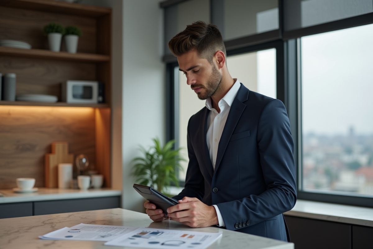 Jeune homme en costume étudiant des documents immobiliers