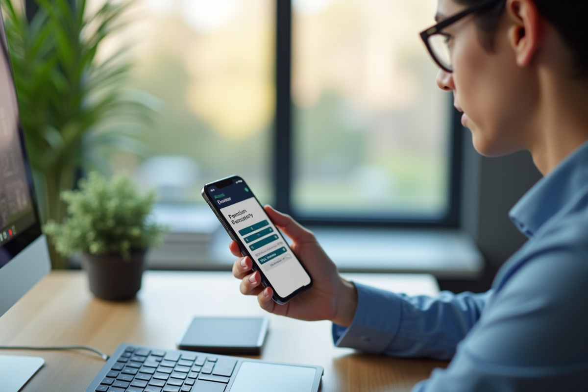 Jeune professionnel avec smartphone affichant un calculateur de pension