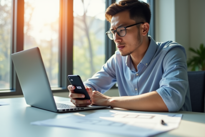 Jeune professionnel inquiet utilisant l'application N26 sur smartphone