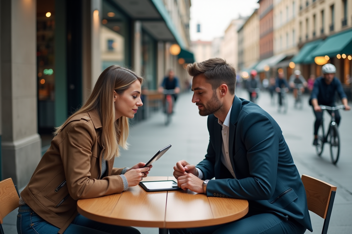 Jeune couple d entrepreneurs discutant avec tablette en extérieur