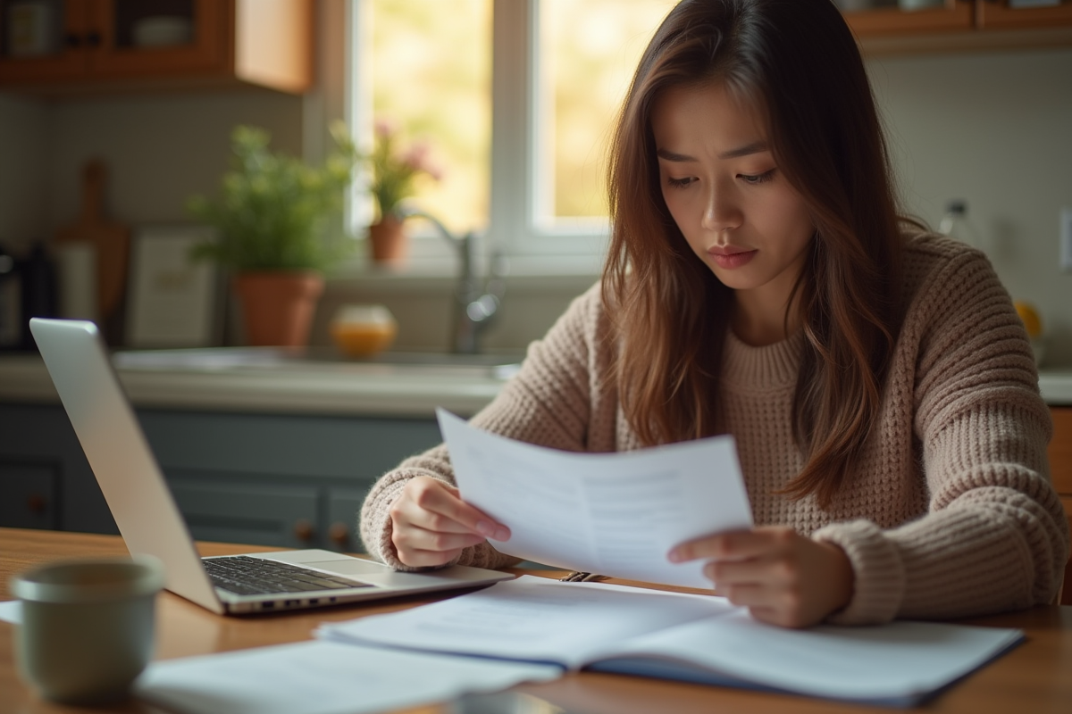 Personne lisant une lettre de cheque sans fonds à la cuisine