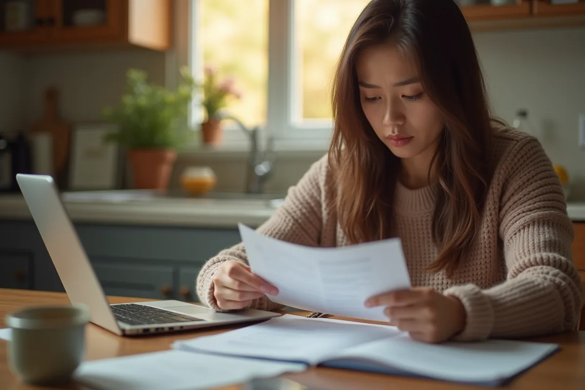 Personne lisant une lettre de cheque sans fonds à la cuisine