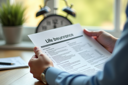 Mains d'une personne mature tenant un contrat d'assurance vie