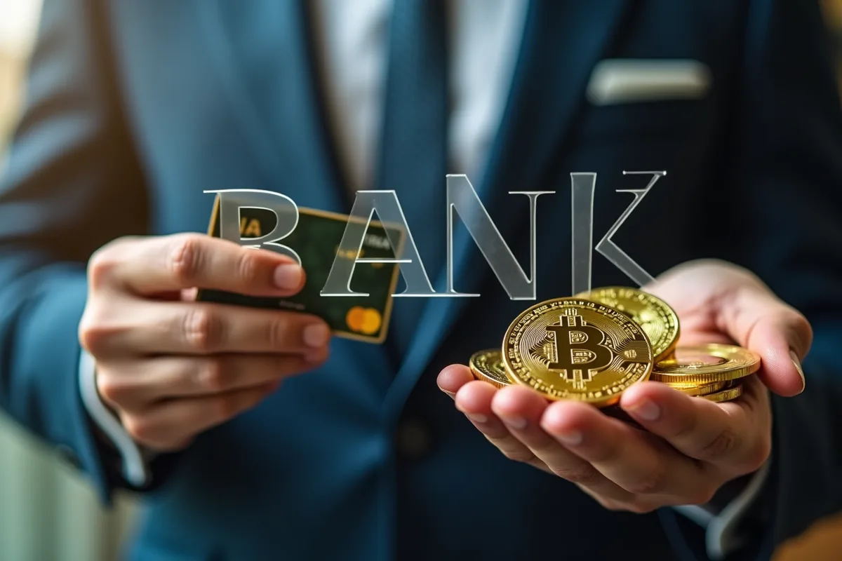 Mains avec carte bancaire et Bitcoins face à une banque