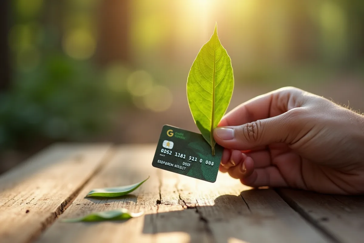 Mains tenant une feuille verte et une carte bancaire écologique