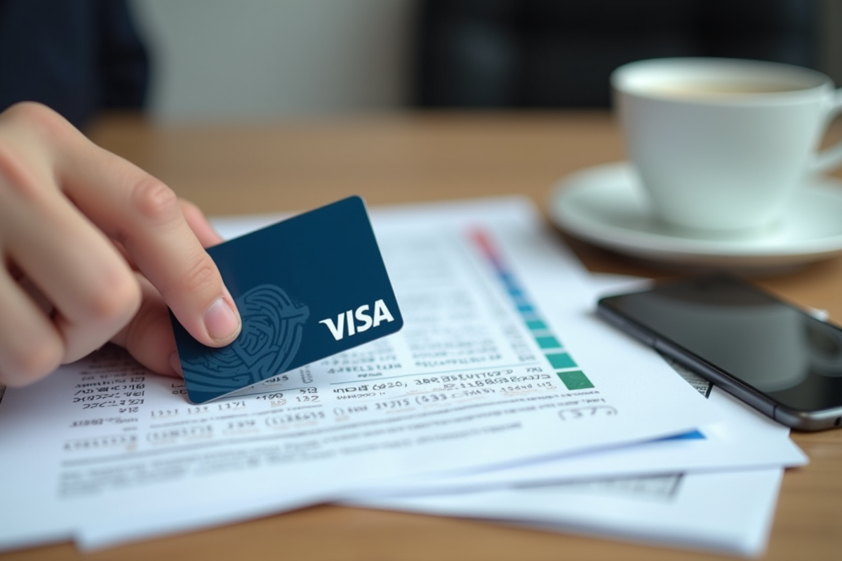 Main posant une carte Visa sur des documents avec cafe sur une table