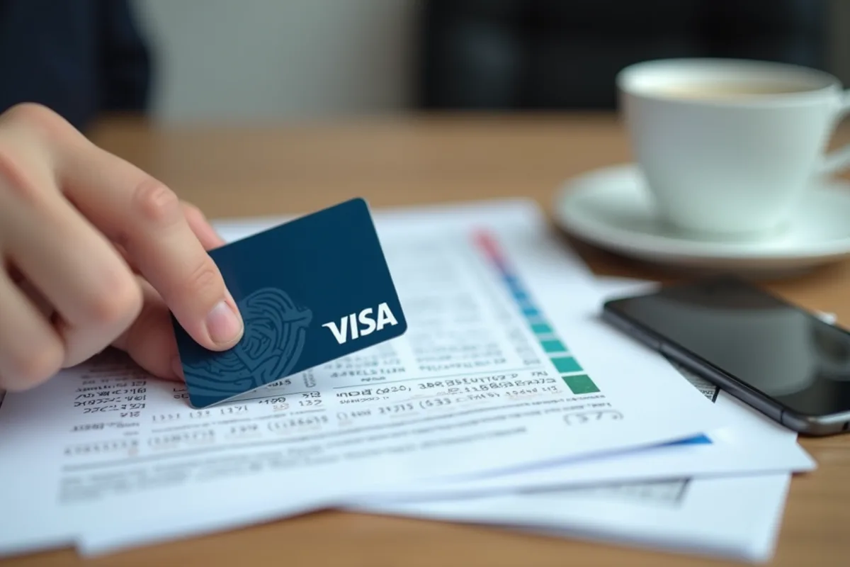 Main posant une carte Visa sur des documents avec cafe sur une table