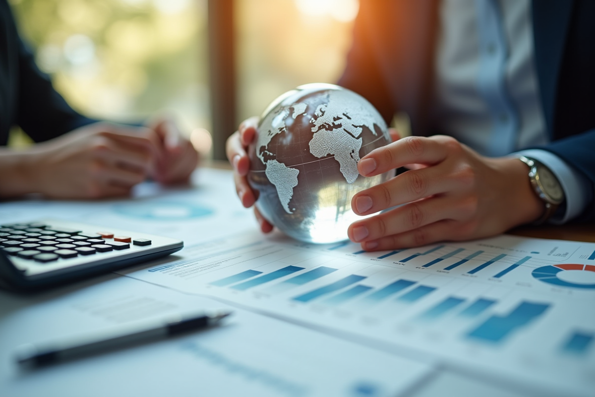 Mains tenant un globe avec rapports financiers et calculatrice