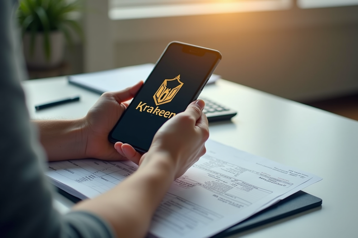 Mains tenant un smartphone avec le logo Kraken dans un bureau minimaliste