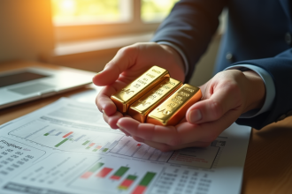 Mains tenant plusieurs lingots d'or sur un bureau lumineux