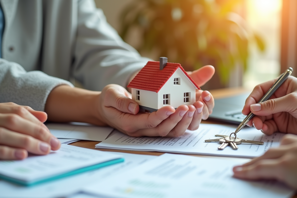 Mains tenant une maison miniature et des clés avec garants