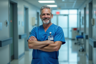 Chirurgien en blouse bleue dans un couloir d'hôpital moderne