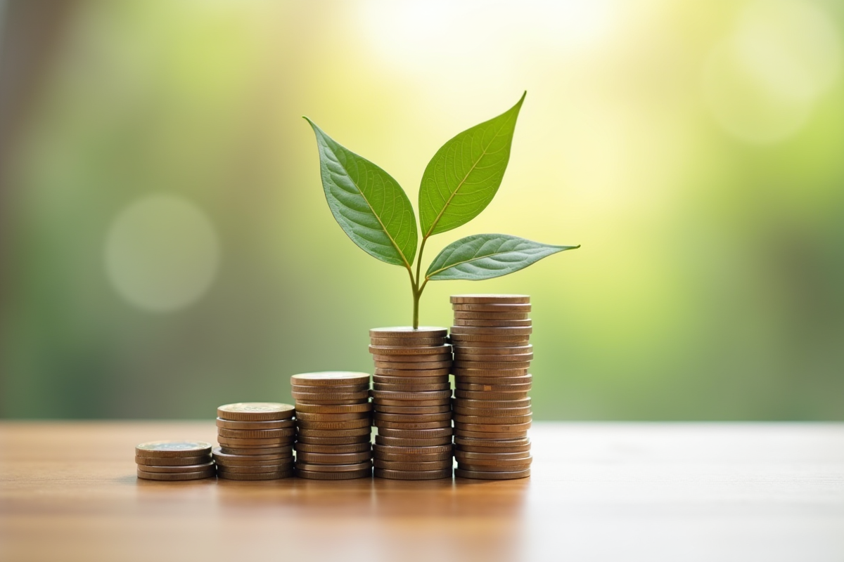 Pièce et billets formant un arbre de croissance financière